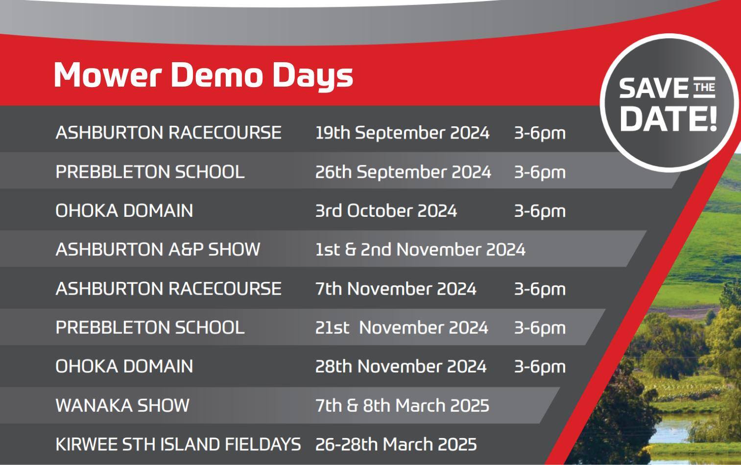 Ride-on mower demo day calendar